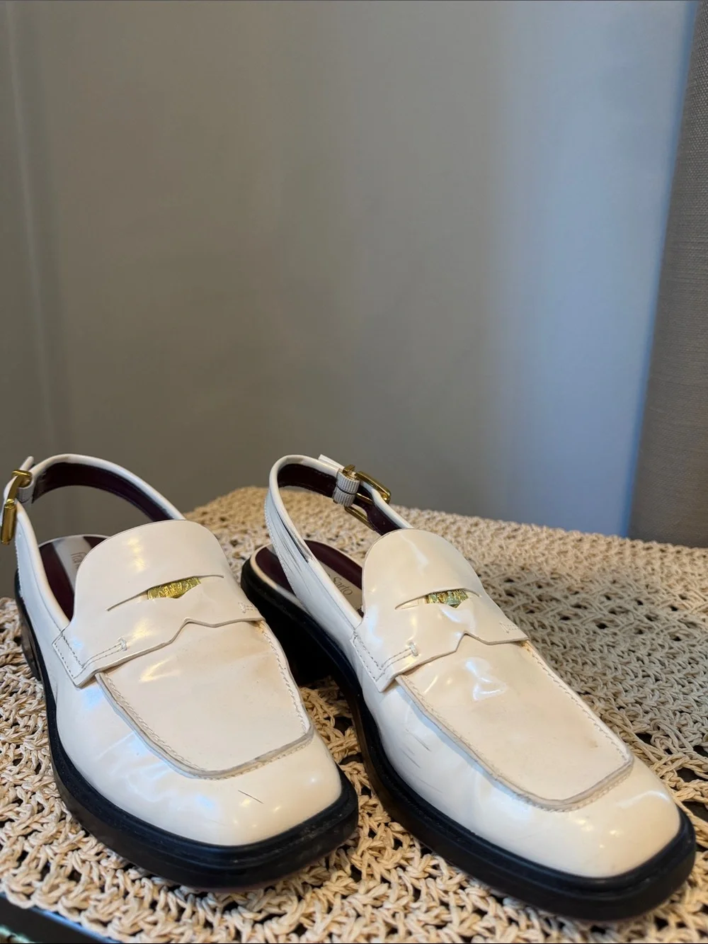 Franco Sarto Cream Patent Leather Slingback Loafers with Gold Accent